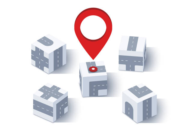 istock GPS tracking system navigation. Red marker or pin on one of the boxes as a goal located near 3d boxes with roads. Vector illustration isolated on a white background. 2098407150