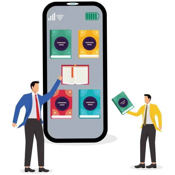 Vector illustration of Two Businessmen with a stack of books and smart phone