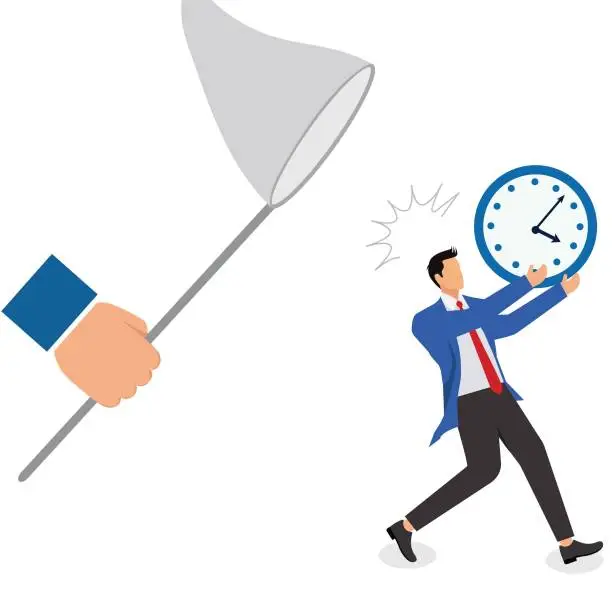 Vector illustration of Big hand catching an escaping businessman holding an alarm clock Time