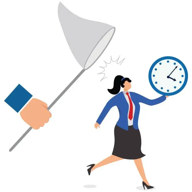 Vector illustration of Big hand catching an escaping businesswoman holding an alarm clock Time