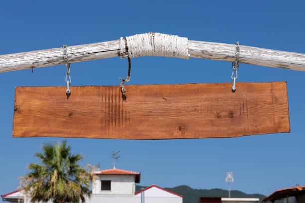 Wooden blank sign hanging. Empty board for your text. Copy space