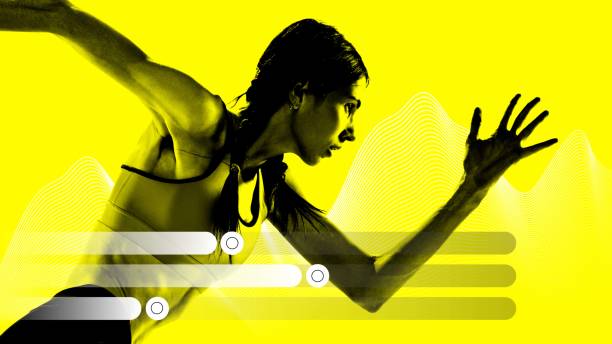 Dynamic image of athletic woman in motion, running, training against yellow background with abstract element