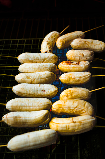 Grilled bananas on the stove. Grilled bananas is a popular food cooked in rural Thailand.