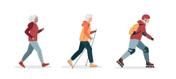 Vector illustration of Energetic happy gray haired elderly women and man, Healthy lifestyle. Elderly woman running with headphones. Elderly woman practice nordic walking. Old adult man rollerblading. Vector Illustration