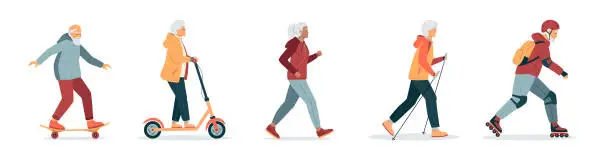 Vector illustration of Energetic happy gray haired elderly people, Healthy lifestyle. Elderly women running, practice nordic walking, rides electric scooter. Old adult men rollerblading, skateboarding. Vector illustration