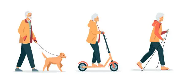 Vector illustration of Energetic happy gray haired elderly women and man, Healthy lifestyle. Elderly woman practice nordic walking. Elderly woman rides an electric scooter. Elderly man walking his dog. Vector Illustration