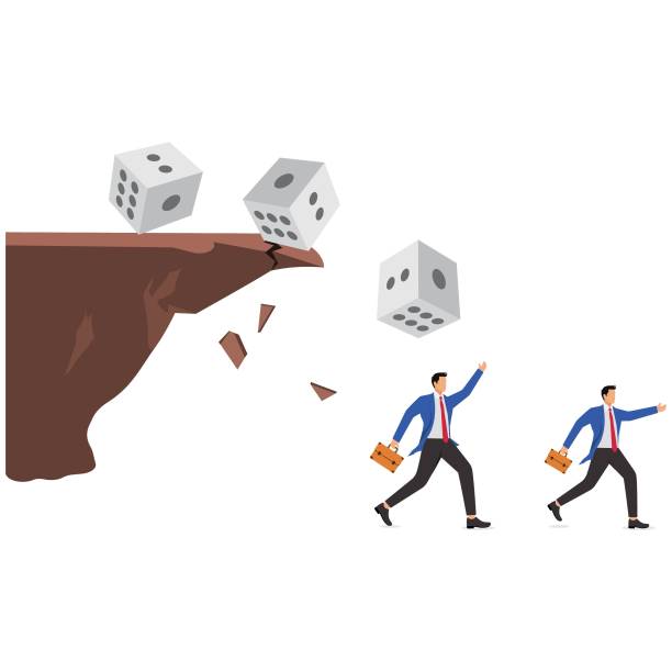 big dice falling off a cliff, people are screaming and escaping. risk prevention and risk management is important. fear of uncertainty or fear of risk - cliff finance risk uncertainty stock-grafiken, -clipart, -cartoons und -symbole