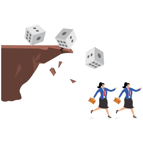 big dice falling off a cliff, people are screaming and escaping. risk prevention and risk management is important. fear of uncertainty or fear of risk - cliff finance risk uncertainty stock-grafiken, -clipart, -cartoons und -symbole