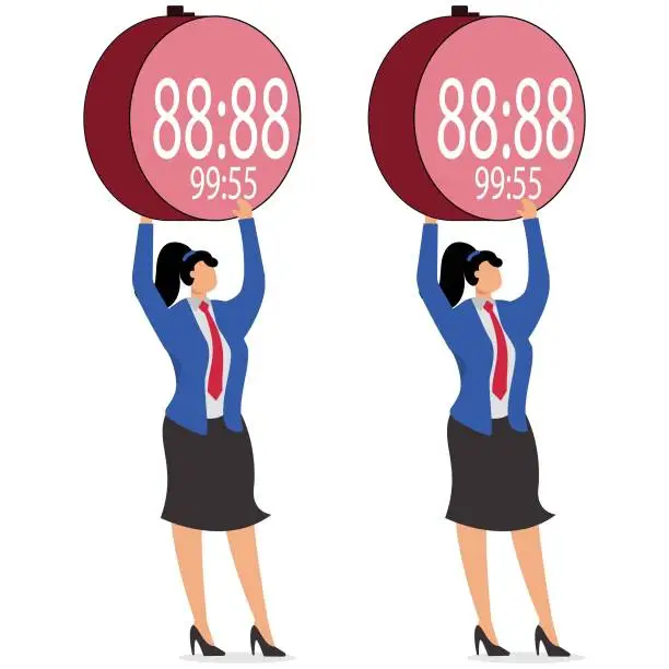Vector illustration of Time Management, businesswoman showing two big stopwatches