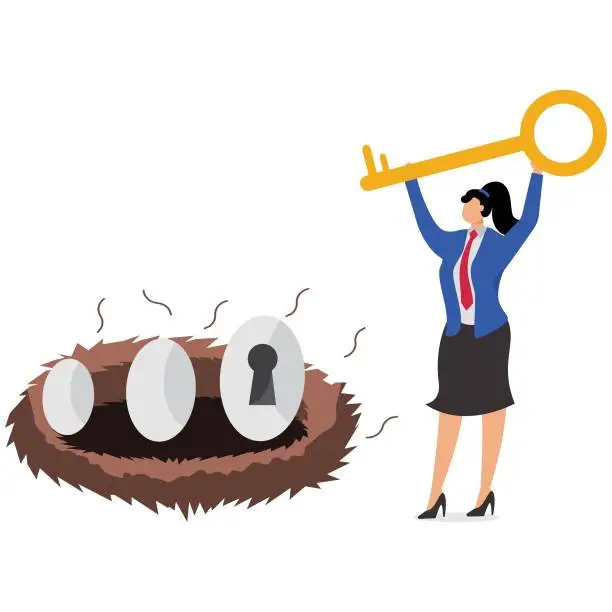 Vector illustration of Businesswoman with a big key and a big egg with keyhole