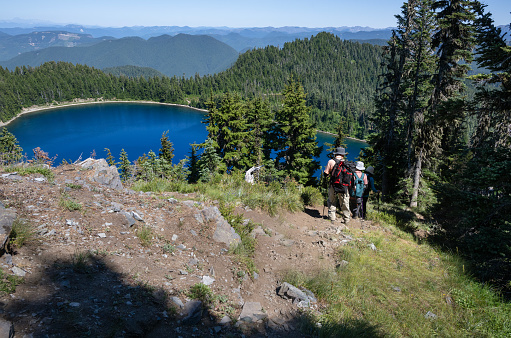 Three people hiking the Summit Lake trail. Mt Rainier National Park. Washington State.