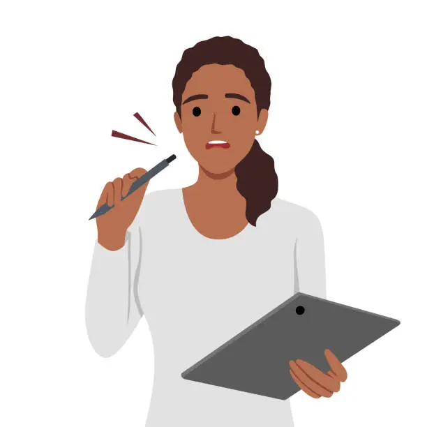 Vector illustration of Woman using a touch pad tablet portable computer. Young woman holds touch pad and thinks. Worried afraid and scared emotion