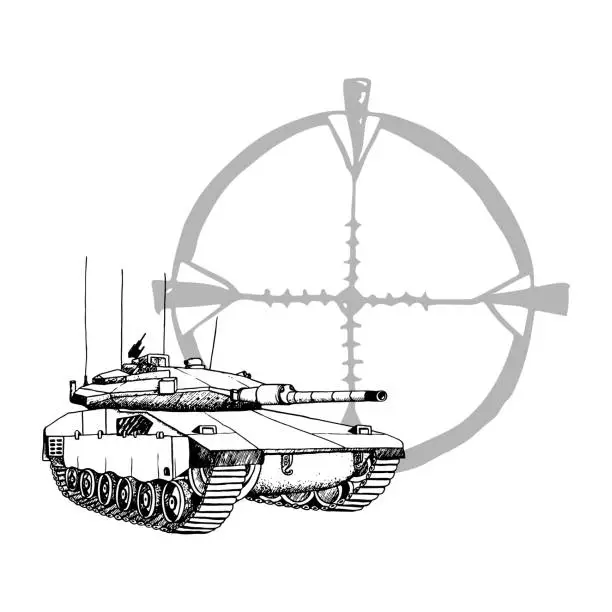 Vector illustration of Merkava Tank of Israel with optical sight black and white vector illustration. Israeli military machine mark IV of IDF. Hand drawn war ink drawing