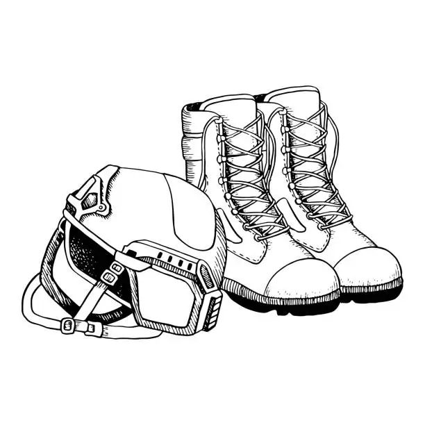 Vector illustration of Tactical army boots and soldier helmet hand drawn black and white vector illustration for military and combat designs. Infantry shoes and uniform