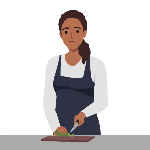 Vector illustration of woman cooking homemade meals in kitchen.