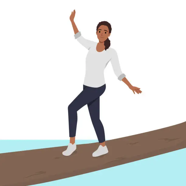 Vector illustration of Woman participate in hike balancing on log thrown across river