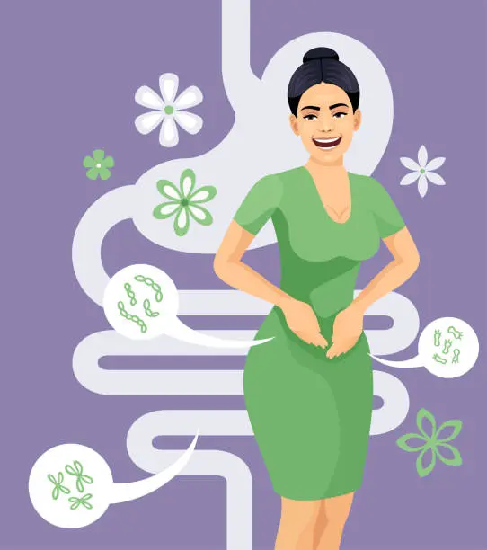 Vector illustration of Woman Celebrating Healthy Gut Flora Balance.