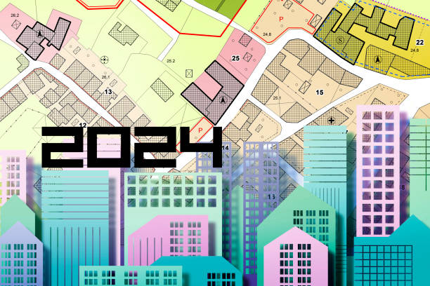 istock 2024 Real Estate Planning - Business concept in building activity and construction industry with cityscape, imaginary General Urban Plan, cadastral map and residential zoning districts 2098485774