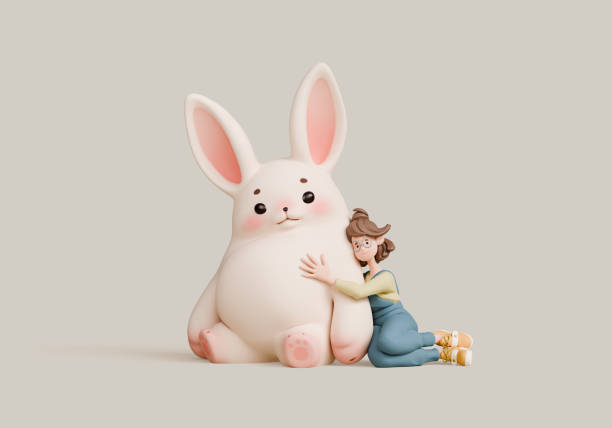 Cute kawaii excited smiling girl sits hugging a big plush toy of a fat white fluffy Easter bunny and rubs his belly with her hand. Rabbit with pink ears, cheeks, soft paws. 3d render in pastel colors.