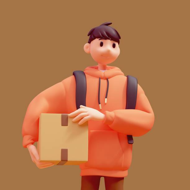 istock 3d render delivery brunette guy holds cardboard box. 2098500488