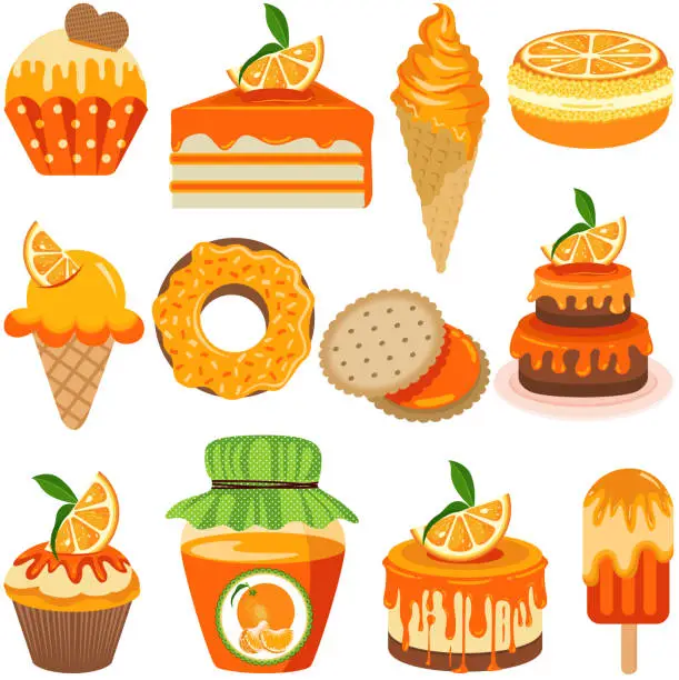 Vector illustration of Digital set of sweets made with orange