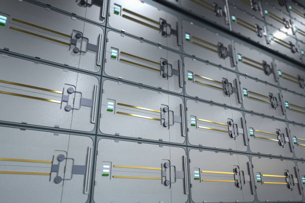 istock Safe deposit boxes inside bank vault interior 2098507815