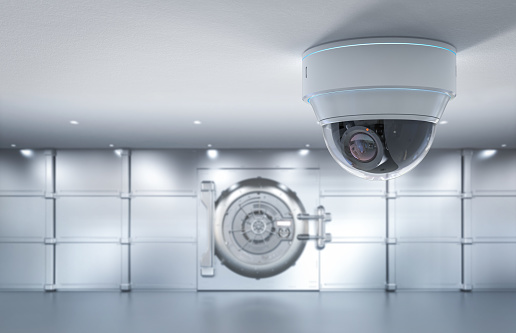 3d rendering security camera in safe deposit boxes room