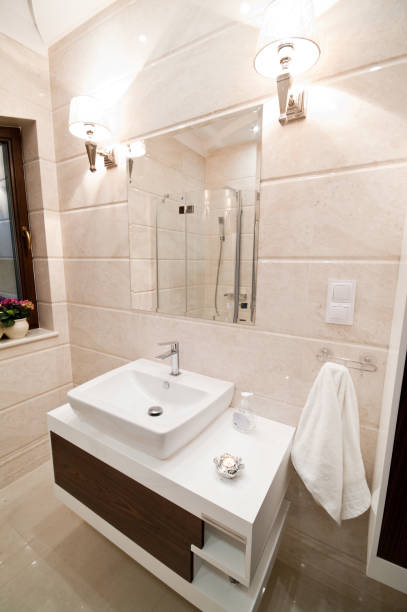 istock Interior of an elegant beige color bathroom 2098516041