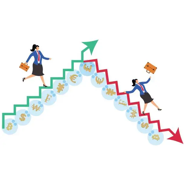 Vector illustration of Investments make and lose money, investment uncertainty, marketing price ups and downs, stock market volatility and risk, traders go on currency bubbles between upward arrow charts and then back down again down arrow charts