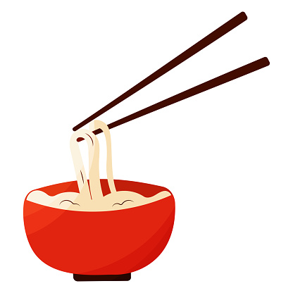 A household supply tool, chopsticks, stick out of a bowl filled with noodles. The balance of carmine soup adds a pop of color to the interior design