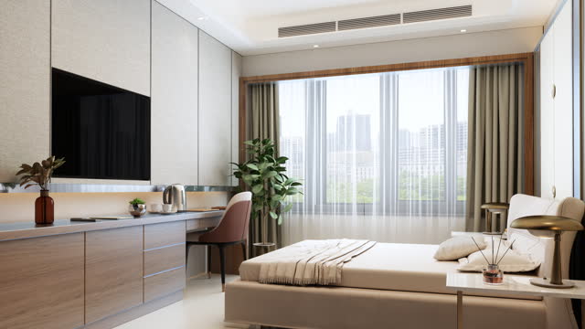 Modern Hotel Room With Double Bed, Night Tables, Tv Set And Cityscape From The Window