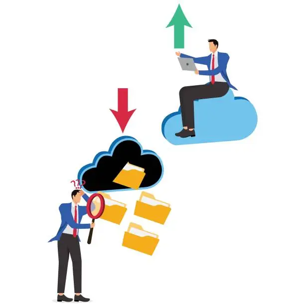 Vector illustration of File management, file search, data file backup and cloud storage, cloud computing, cloud work, etc. Distance traders search for files and work on computers in the cloud