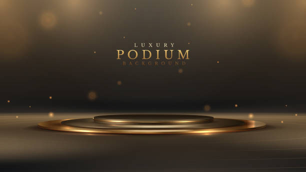 istock Elegant awards ceremony podium with warm golden ambient light and bokeh. Modern product presentation platform. Black luxury background. 2098540778