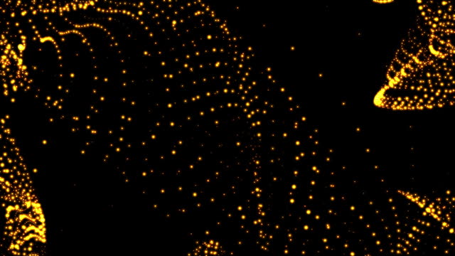 Futuristic glittering fly movement flickering wave loop in space on black background. Gold particles abstract background with golden shining stars dust bokeh glitter awards dust