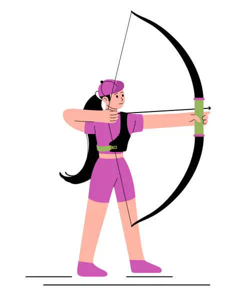 Vector illustration of Archery women's championship illustration. Character for sports standings, sport school. Shoots bow.