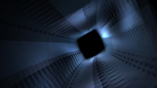 Animation with rotating square tunnel. Design. Neon blue linear squares in rotating tunnel. Beautiful dizzying tunnel of neon squares