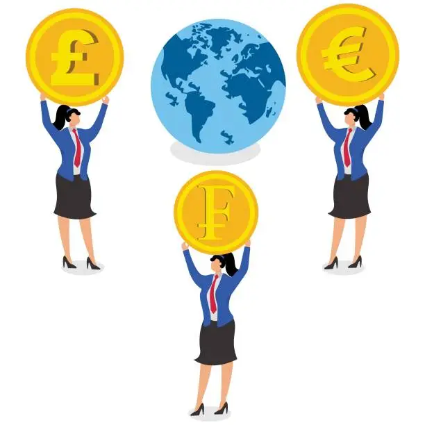 Vector illustration of Global Business, Economy, Trade and Money, Internationalization of Economy Business and Finance, International Business Trade and Exchange, Isometric Currency Symbols for Merchants Standing by the Earth