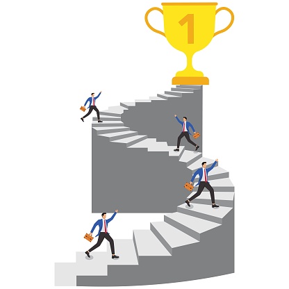 Motivated by the drive for success, the quest for success, achievement, benefits and rewards, the business competition, isometric four businessmen climb the stairs to reach the huge trophies