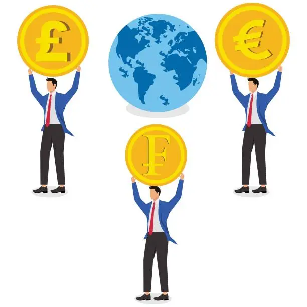 Vector illustration of Global Business, Economy, Trade and Money, Internationalization of Economy Business and Finance, International Business Trade and Exchange, Isometric Currency Symbols for Merchants Standing by the Earth