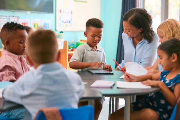 istock Female Primary Or Elementary School Teacher Helping Students With Digital Tablet At Table In Class 2098585635