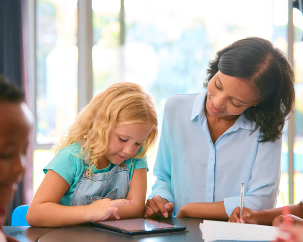 istock Female Primary Or Elementary School Teacher Helping Students With Digital Tablet At Table In Class 2098586673