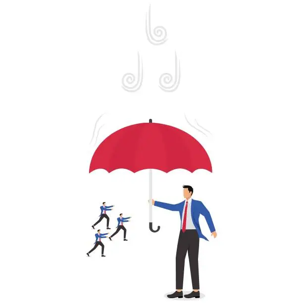 Vector illustration of Providing shelter and protection, security and protection, insurance and support in business or career development, help and support from giants, giants with umbrellas for a group of small businessmen