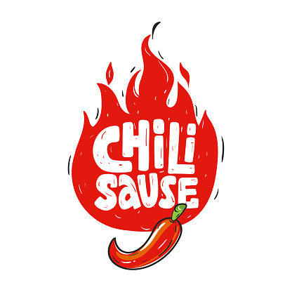 Chili sauce lettering sketch. Hand drawn text with silhouette of fire. Illustration red hot pepper. Spicy ingredient in dishes. Vector file.