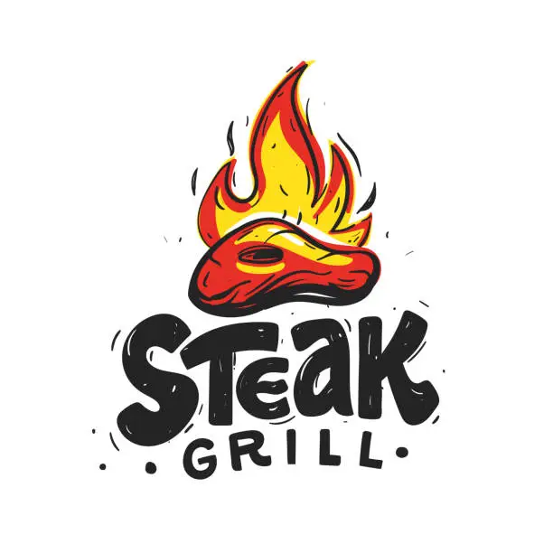 Vector illustration of Sketch lettering steak grill. Hand drawn text with illustration meat on fire. Used for menu, badges, labels, logo, street festival, farmers market, shop, kitchen classes, cafe, food sauce