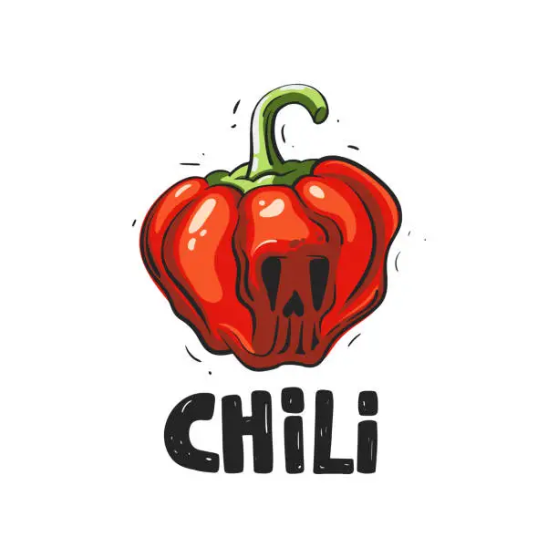 Vector illustration of Illustration red hot pepper with skull. The hand draw inscription Chili. Sketch style lettering. Vector file