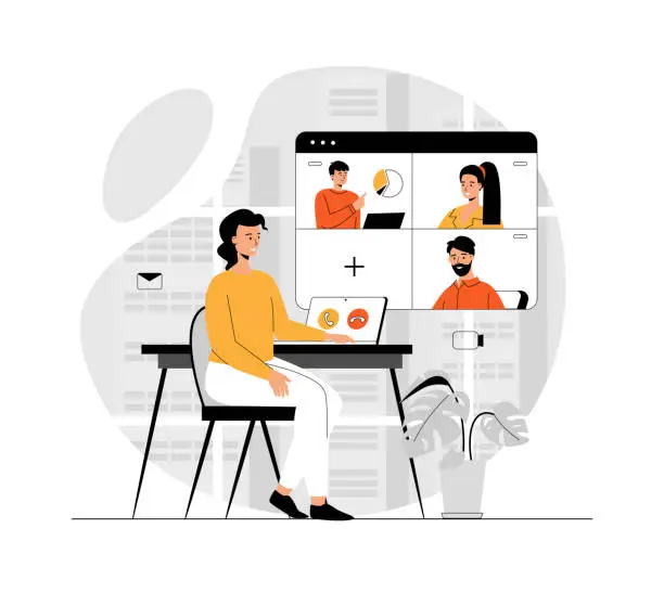 Vector illustration of Video conference, Online meeting, Remote teamwork, Conversation. People communicate online. Illustration with people scene in flat design for website and mobile development.