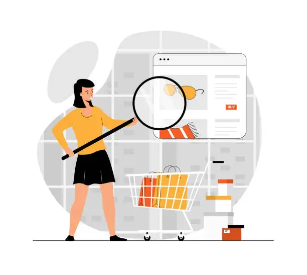 Vector illustration of Shopping online. Woman orders and pays for purchases on store website. Discount and customer loyalty program at store website. Illustration with people scene in flat design for website and mobile