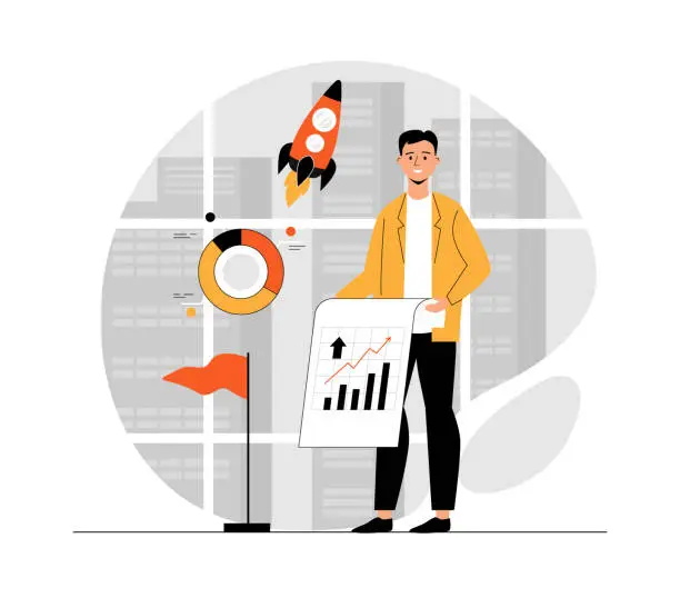 Vector illustration of Startup business concept. Man brainstorming, makes business plan, investing in new project. Illustration with people scene in flat design for website and mobile development.