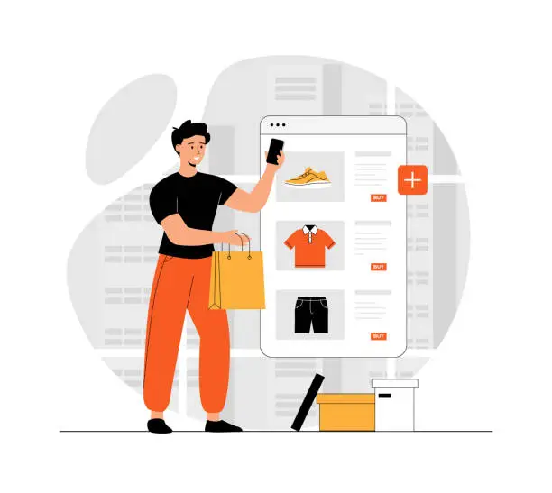 Vector illustration of Shopping online. Man buy clothes in online store through mobile application, pay his credit card. Illustration with people scene in flat design for website and mobile development.