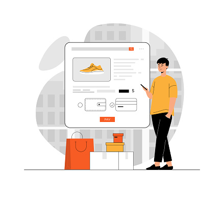 Shopping online. Man buy shoes in online store and order delivery through mobile application, pay with credit card. Illustration with people scene in flat design for website and mobile development.